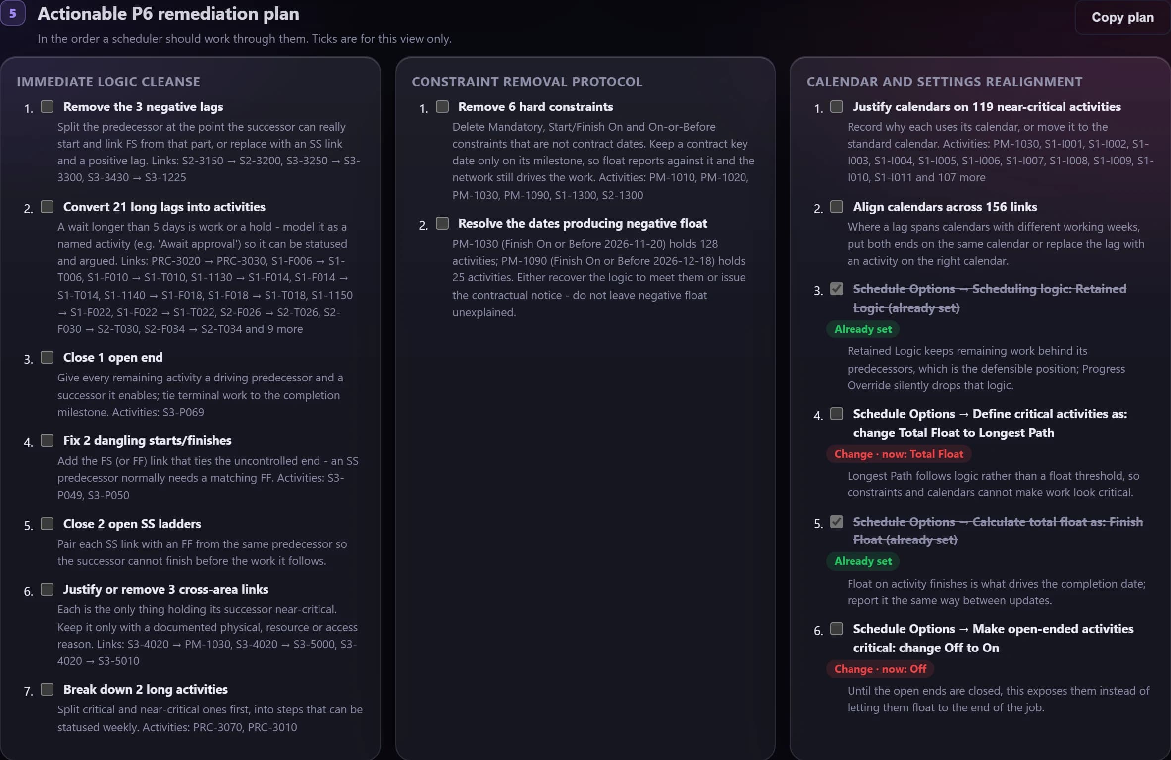 Forensic remediation plan: the links, constraints and P6 schedule options to change, each with its reason.