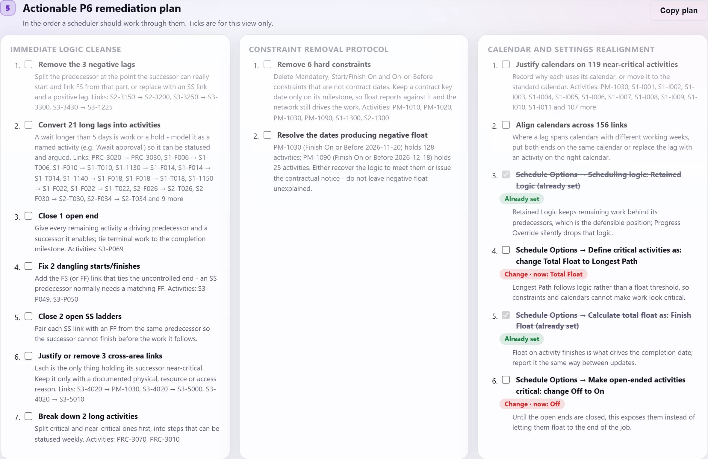Forensic remediation plan: the links, constraints and P6 schedule options to change, each with its reason.